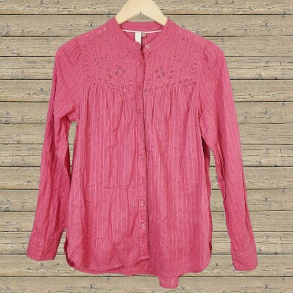 Pilcro Top 4 Raspberry Red Embroidered Lace Metallic Thread Button-Front Blouse